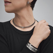 ALOR Black & Grey Cable Classic Stackable Bracelet with Single Square Station set in 18kt White Gold