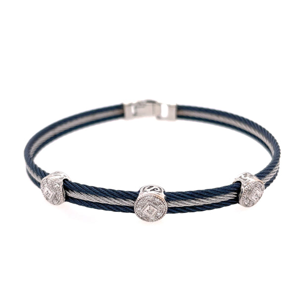 ALOR Navy & Grey Cable Classic Stackable Bracelet with Triple Round Station set in 18kt White Gold