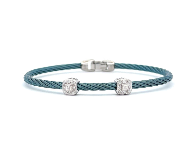 ALOR Caribbean Blue Cable Essential Stackable Bracelet with Double Square Diamond station set in 18kt White Gold