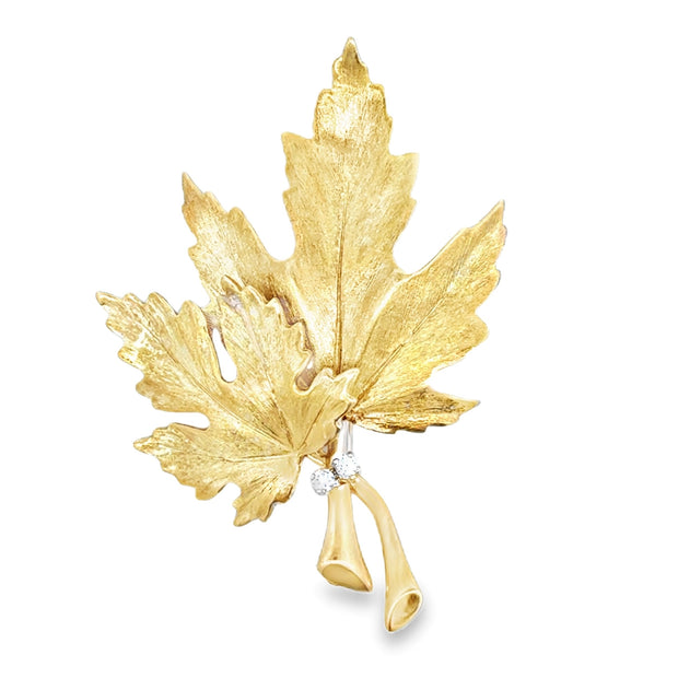 Estate 14K Yellow Gold & Diamond Leaf Brooch
