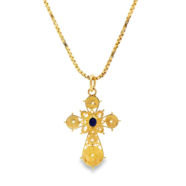 Estate 18K Yellow Gold & Lapis Greek Orthodox/Byzantine Cross
