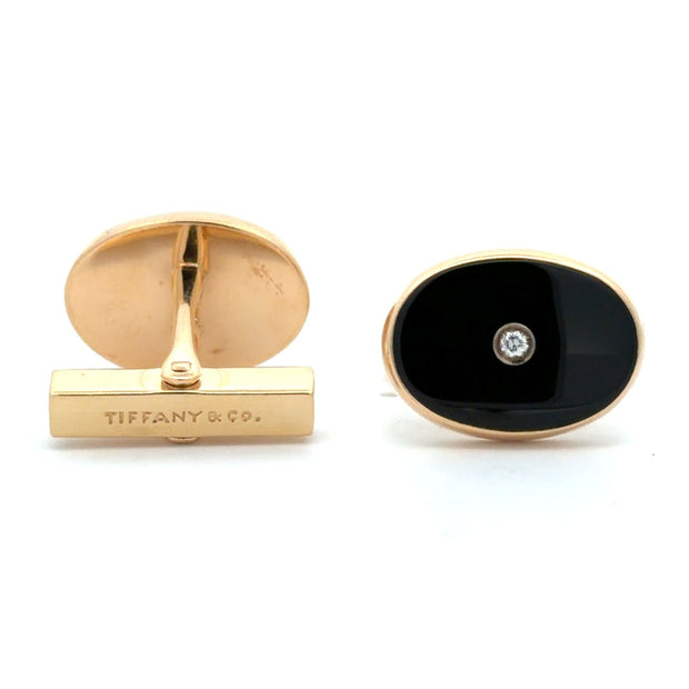 Estate 14K Yellow Gold Tiffany & Co. Onyx & Diamond Cufflinks