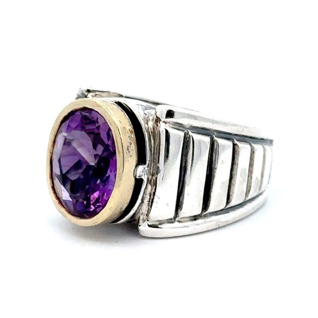 Estate Sterling Silver & 18K Yellow Gold Lagos Caviar Amethyst Ring