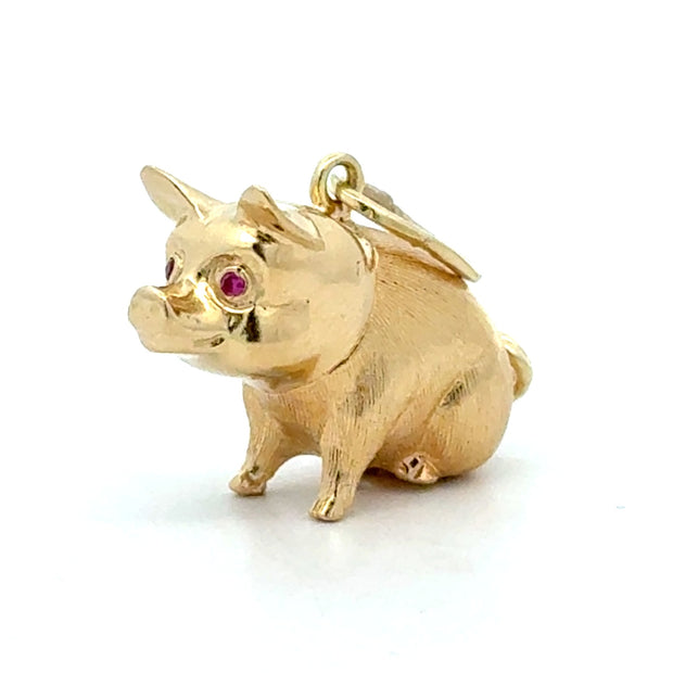 Estate 14K Yellow Gold & Ruby Sitting Pig Charm