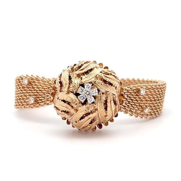 Estate 14K Yellow Gold Leaf & Flower Motif Diamond Watch