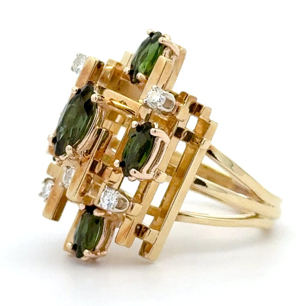 Estate 18K Yellow Gold & Platinum Green Tourmaline & Diamond Ring