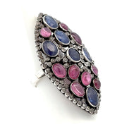 Estate Sterling Silver Pink Tourmaline, Tanzanite & Raw Diamond Ring