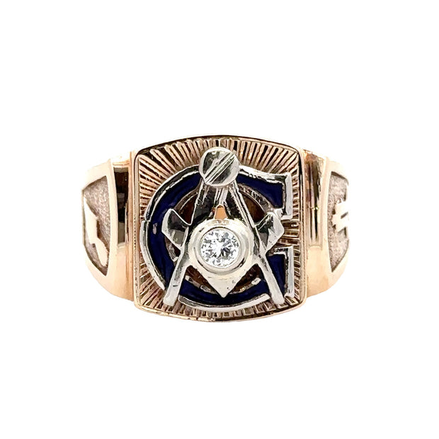 Estate 14K Yellow & White Gold Diamond Masonic Ring