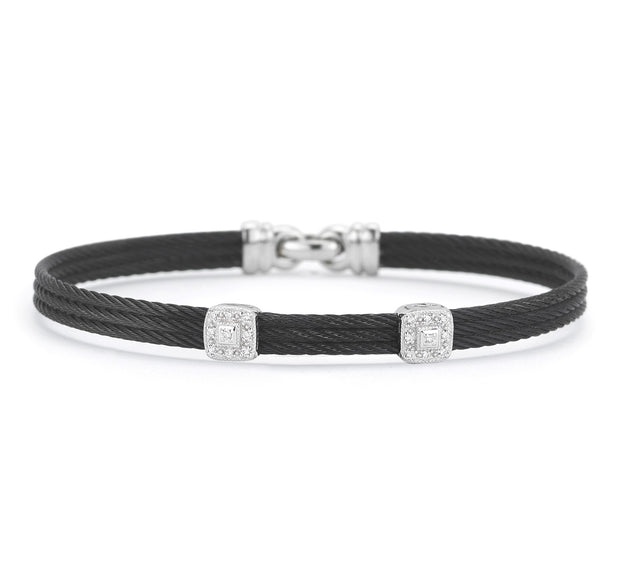 ALOR Black Cable Classic Stackable Bracelet with Double Square Station set in 18kt White Gold