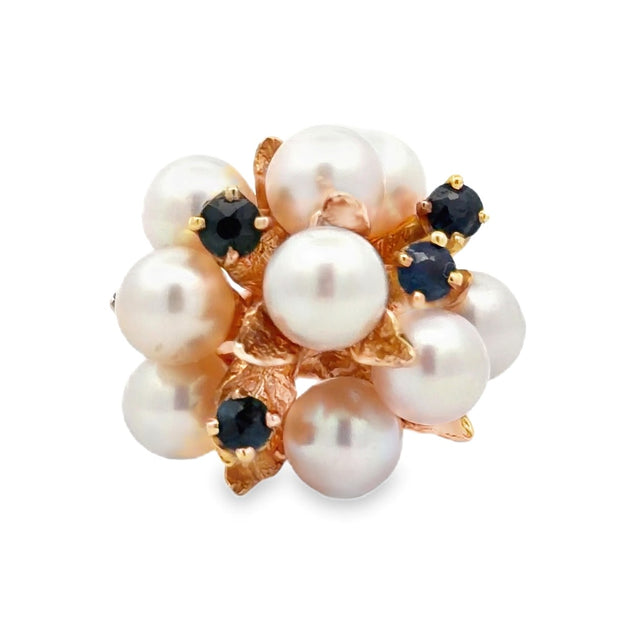 Estate 14K Yellow Gold Akoya Pearl & Sapphire Cocktail Ring