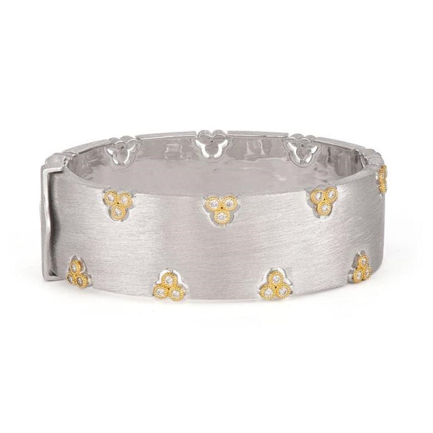JudeFrances Mixed Metal Wide Band Cigar Style Bangle with White Diamond Trios