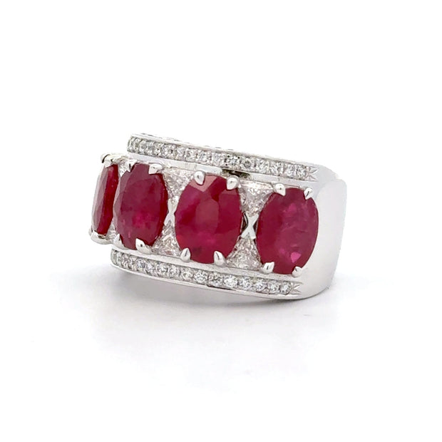 18K White Gold Wide Ruby & Diamond Ring
