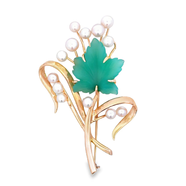 Estate 14K Yellow Gold Sea Glass & Akoya Pearl Brooch