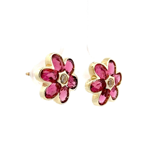 Estate 14K Yellow Gold Pink Tourmaline & Diamond Earrings