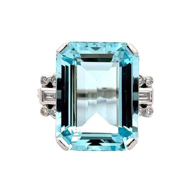 Estate 14K White Gold Large Aquamarine & Diamond Ring