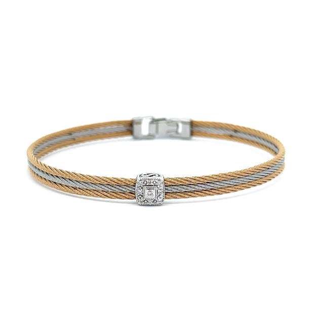 ALOR Yellow & Grey Cable Classic Stackable Bracelet with Single Square Station set in 18kt White Gold