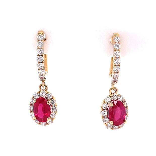 14K Yellow Gold Ruby & Diamond Dangle Earrings