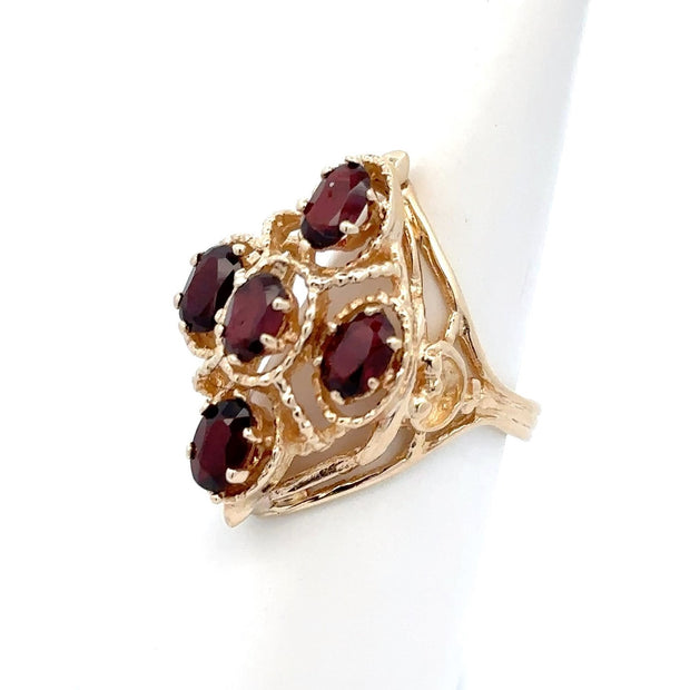 Estate 14K Yellow Gold Open Work Garnet Ring