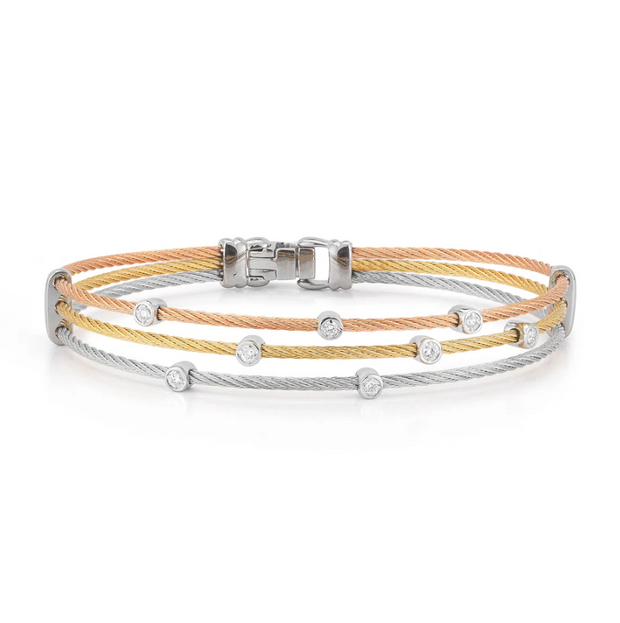 ALOR Rose, Yellow, & Grey Cable Triple Strand Bracelet with 18kt White Gold & Diamonds