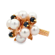Estate 14K Yellow Gold Akoya Pearl & Sapphire Cocktail Ring