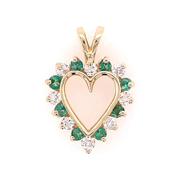 Estate 14K Yellow Gold Emerald & Diamond Heart Pendant