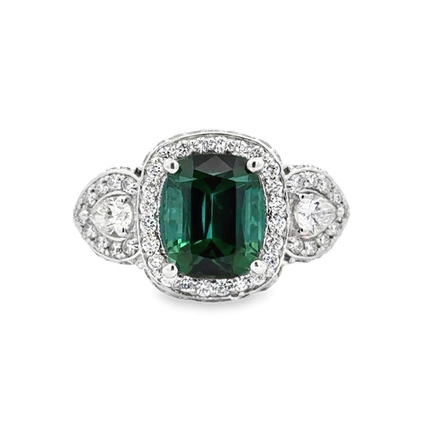 14K White Gold Teal Tourmaline & Diamond Ring