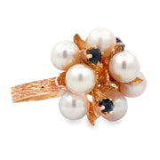 Estate 14K Yellow Gold Akoya Pearl & Sapphire Cocktail Ring