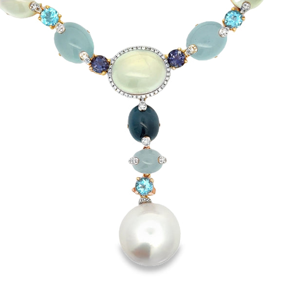 18K Rose Gold Prehnite, Aquamarine, Topaz, Tourmaline, Iolite, South Sea Pearl & Diamond Necklace