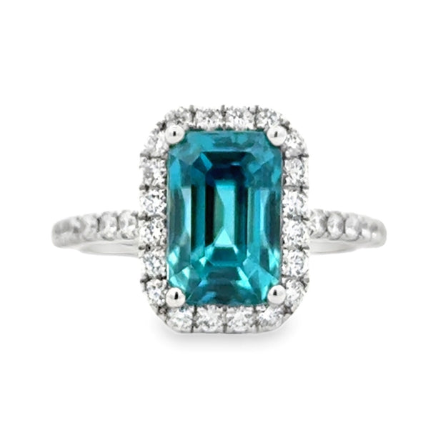 14K White Gold Blue Zircon & Diamond Ring