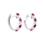 14K White Gold Ruby & Diamond Hoop Earrings