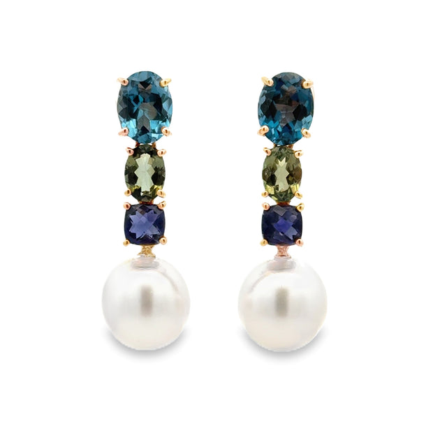 18K Rose Gold Blue Topaz, Tourmaline, Iolite & South Sea Pearl Earrings