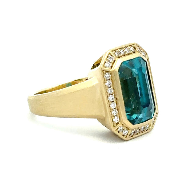 14K Yellow Gold Blue Zircon & Diamond Ring