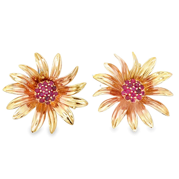 Estate 14K Yellow Gold Flower-Motif Ruby Earrings