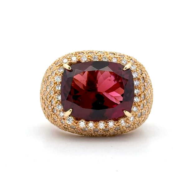 18K Yellow Gold Rubellite Tourmaline & Diamond Cocktail Ring