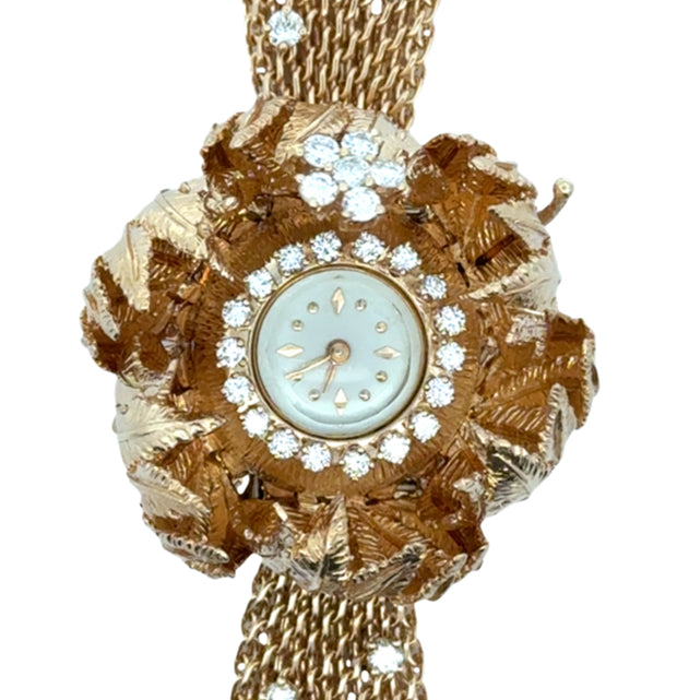 Estate 14K Yellow Gold Leaf & Flower Motif Diamond Watch