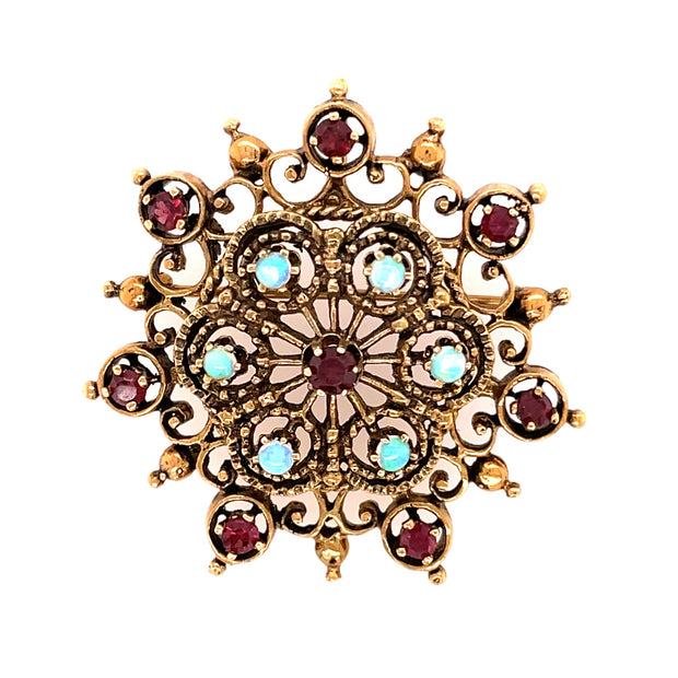 Estate 14K Yellow Gold Opal & Garnet Brooch