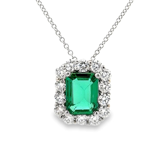 David Kord 18K White Gold Emerald & Diamond Halo Necklace