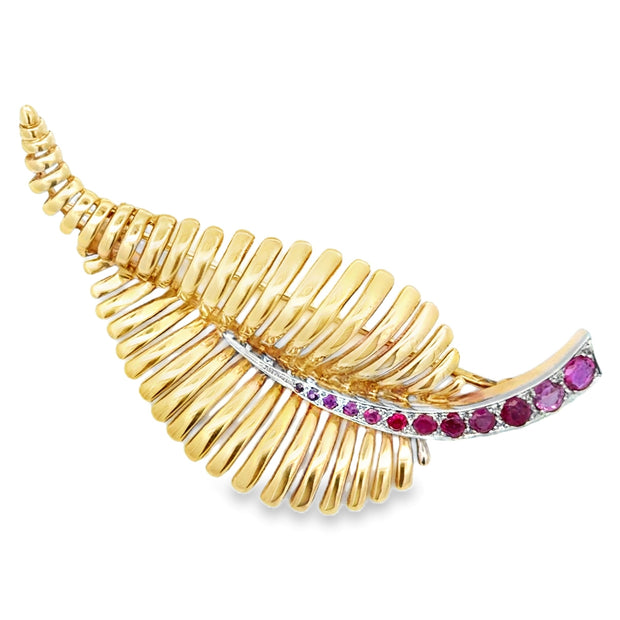 Estate 14K Yellow & White Gold Ruby Leaf Brooch