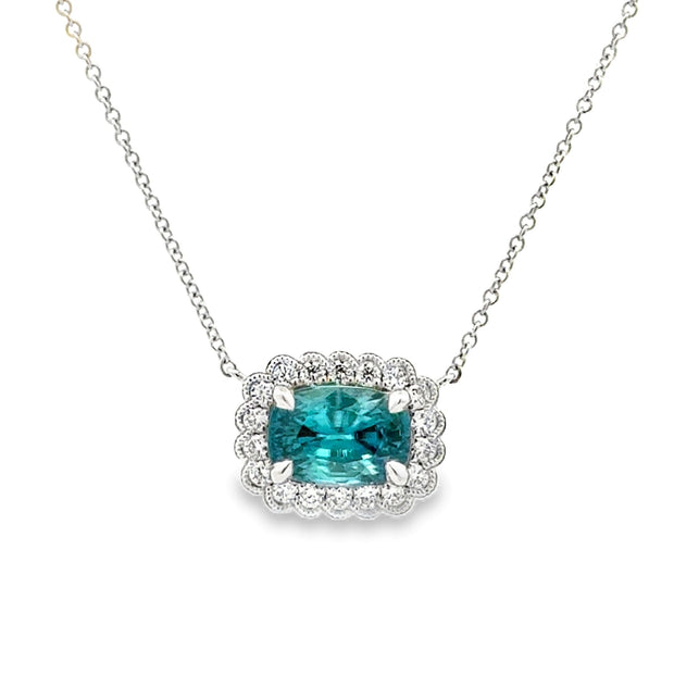14K White Gold Blue Zircon & Diamond Necklace