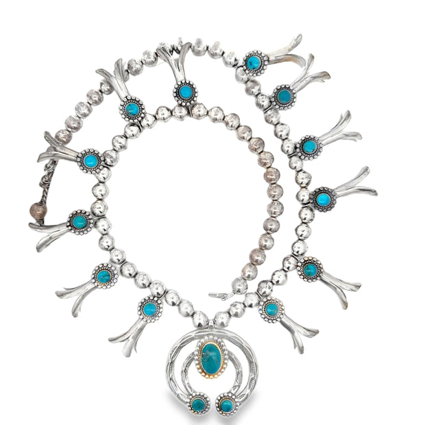 Estate Sterling Silver & Turquoise Squash Blossom Necklace;