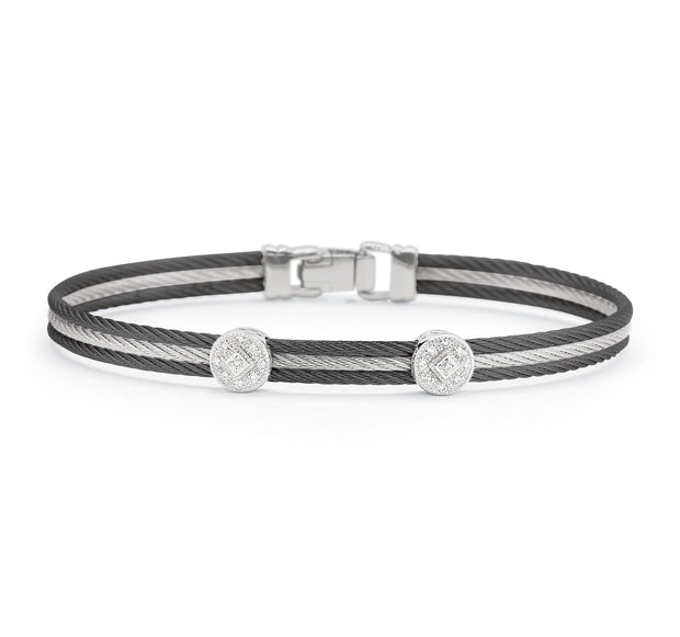 ALOR Black & Grey Cable Classic Stackable Bracelet with Double Round Station set in 18kt White Gold