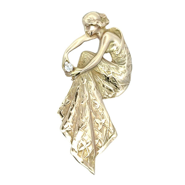 Estate 14K Yellow Gold Seated Lady Diamond Brooch/Pendant