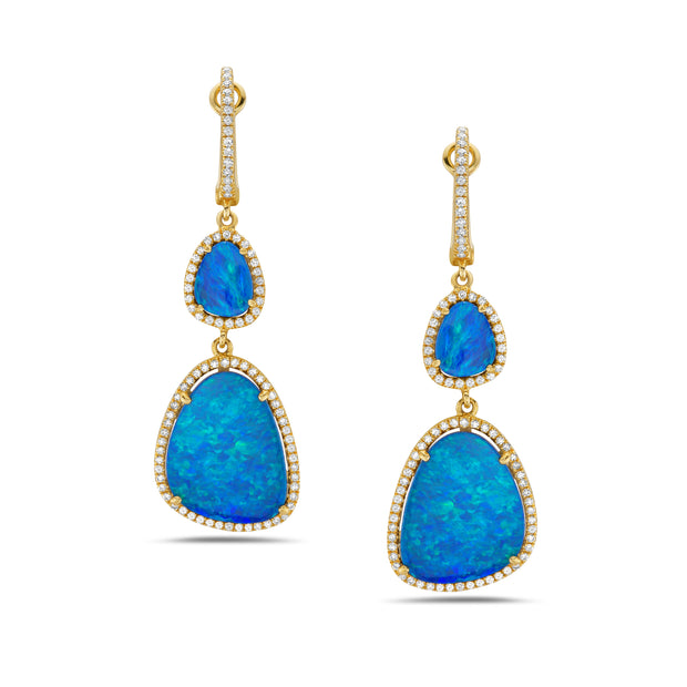 14K Yellow Gold Black Opal Doublet & Diamond Dangle Earrings