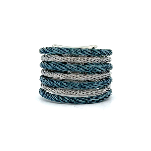 ALOR Caribbean Blue & Grey Cable Seven Row Ring