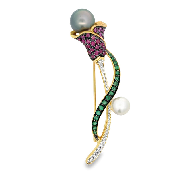 Estate 18K Yellow Gold Tahitian Pearl, Ruby, Emerald & Diamond Brooch