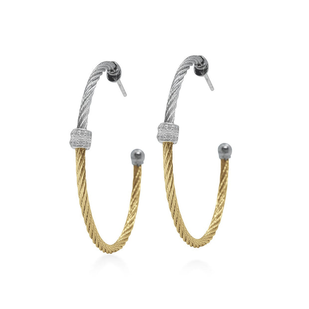 ALOR Yellow & Grey Cable Hoop Earrings with 14kt White Gold & Single Diamond Station