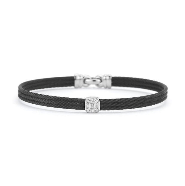 ALOR Black Cable Classic Stackable Bracelet with Single Square Station set in 14kt White Gold