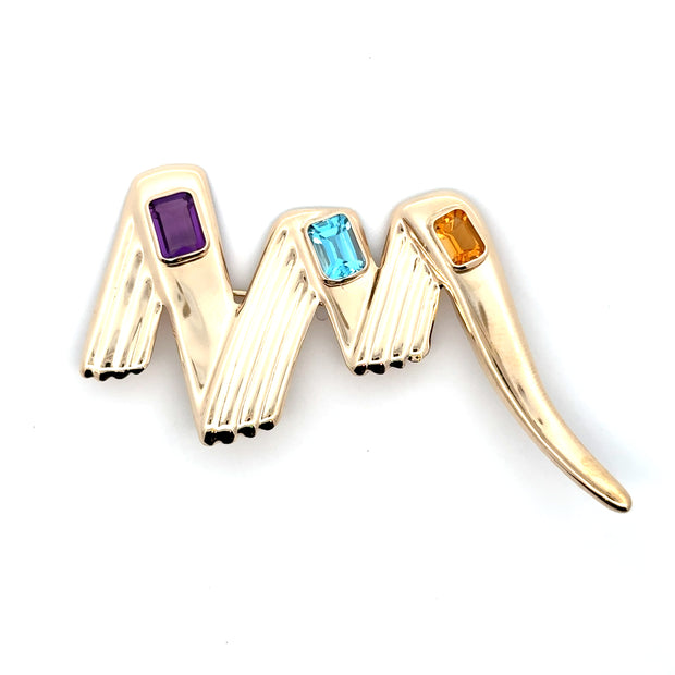 Estate 14K Yellow Gold Amethyst, Blue Topaz & Citrine Brooch