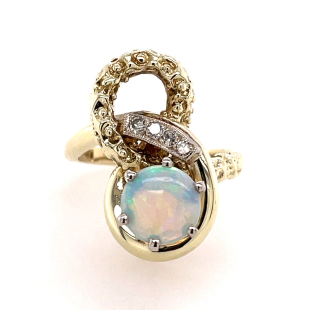 Estate 14K Yellow Gold Opal & Diamond Ring