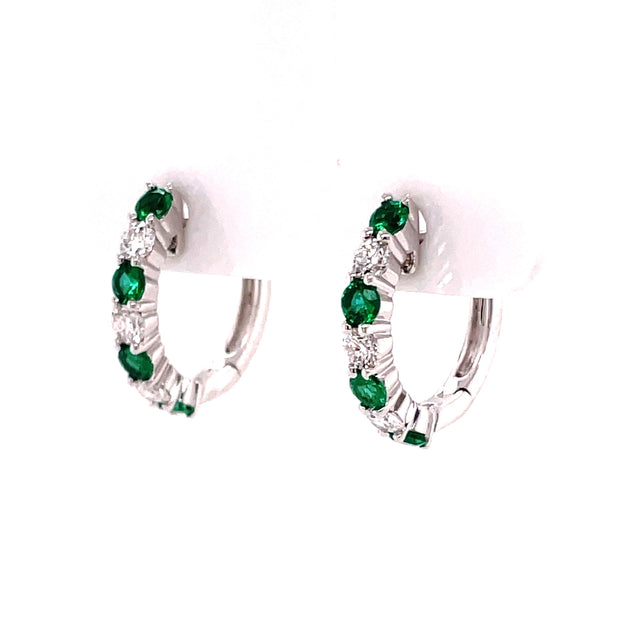 14K White Gold Emerald & Diamond Hoop Earrings